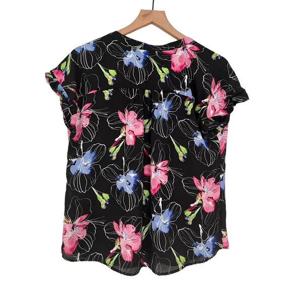 Apt 9 Womens Black Multicolor Floral Short Sleeve Blouse Size Medium Petite - Picture 5 of 5
